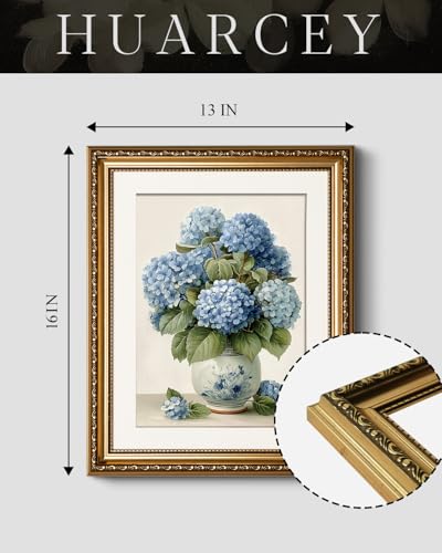 Vintage Blue Hydrangea Wall Art 13x16 Inch Botanical Print, Embossed Gold Framed Traditional Floral Canvas Painting, Classic Flower Vase Artwork Living Room Bedroom Dining Room Entryway Décor - color: Hydrangea, size: 16"L x 13"W