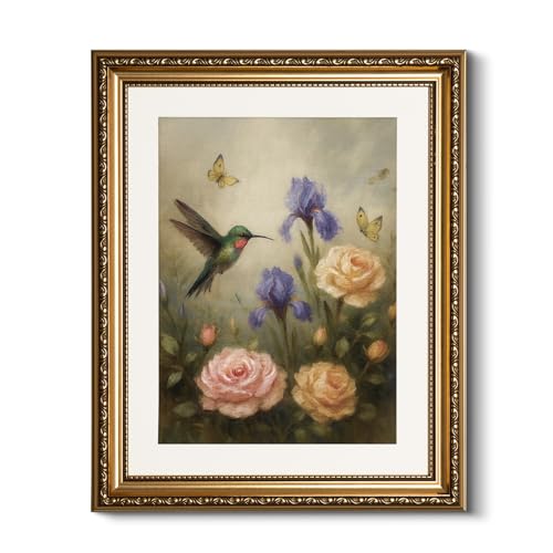 HUARCEY Vintage Floral Bird Painting Canvas Wall Art 13x16, Classic Botanical Hummingbird Flower Gold Framed Print, Elegant Traditional Cottage Farmhouse Living Room Bedroom Home Decor - color: Hummingbird Rose, size: 16"L x 13"W