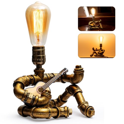 Music Guitar Table Lamp,Steampunk Table Lamp,Retro Guitars Steampunk lamp,Cool Industrial Metal Tube Robot Lamp Gifts for Music Lovers - color: Bronze/With guitar