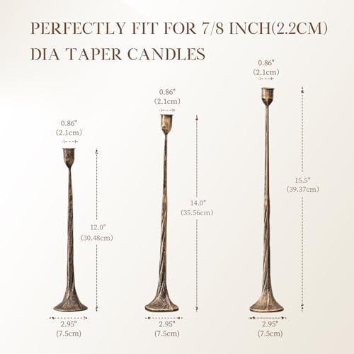 Set of 3 Candle Stick Holders, Iron Antique Gold Candlestick Holders, Fits 3/4 inch Thick Candles, Tapered Candle Holders Tall Set for Dining Table, Wedding, Home Decoration - color: Antique Gold-twisted, size: 12”,14”,15.5”