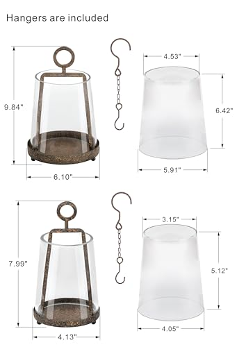 6" & 4" Wide Modern Farmhouse Metal Hurricane Candle Holder with Handmade Sturdy Glass Sleeve in Rustic Brown for Pillar Candle & Plants, Glass Hurricane Lantern, Industrial, Minimalistic - color: Brown, size: 6"x10" & 4"x7.5"