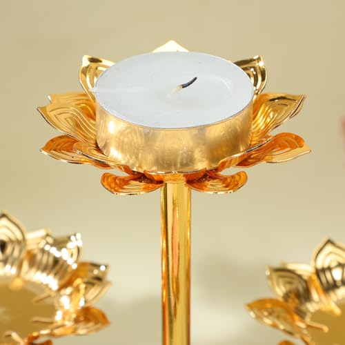 HOMSFOU Vintage Lotus Candle Holder Set 2Pcs Metal Tea Light Holders 9.05In for Buddhist Temple Home Decor Meditation Yoga Candle Stand