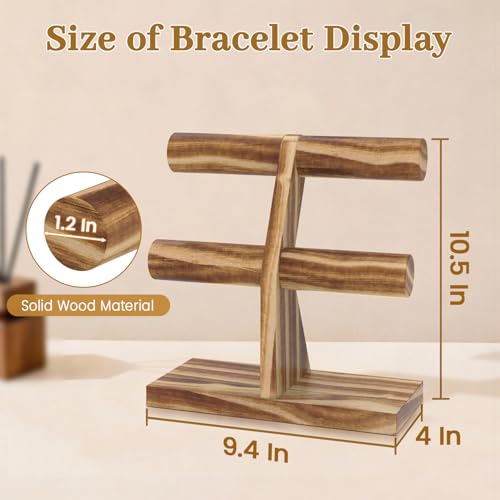 MODOWEY Bracelet Holder Organizer Display Stand, 2 Tier Wooden T Bar Bangle Rack for Dresser, Small Jewelry Hanger with Rod for Vendor Selling, Desktop Jewellery Tree for Home Business, Rustic Brown - color: Rustic wood