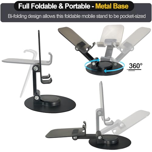 POQOD Foldable Cell Phone Stand for Desk, Fully Adjustable Phone Holder for Desk Compatible with iPhone 16 15 14 13 12, Nintendo Switch, All Phones, (Black) - color: Black 360° Rotating