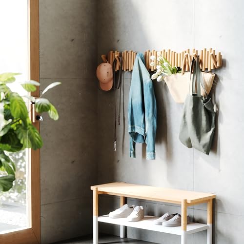 Umbra Picket Wall-Mounted Coat Rack Rail Hook with 5 Retractable Wood Pegs – Modern, Space-Saving Storage Organizer, Natural (Pack of 3) - color: Natural, size: 5-Hook (Pack of 3)