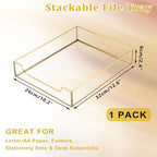 BTSKY 1 Pack Golden Glass Desk Tray, Multi-Purpose Organizer for A4 Paper, Documents, Desk Supplies, Makeup, Clear File Tray with Metal Frame, Stackable Decorative Storage for Home Office Vanity