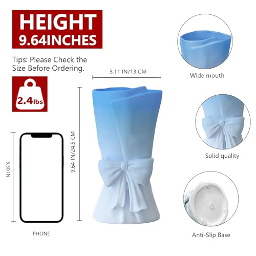 Relexome Gradient Blue White Ceramic Bow Vase 9.64 in Unique Cute Modern Decorative Bouquet Flower Vases for Home Living Room Table Decor Women Girl Gifts - color: Matte Blue White