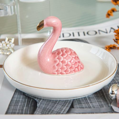 Flamingo Ring Holder Dish, Ceramic Jewelry Tray Trinket Dish for Necklace Keychain Organizer, Cute Funny Birthday Wedding Mothers Day Gift for Women Friends Girls - style: Flamingo
