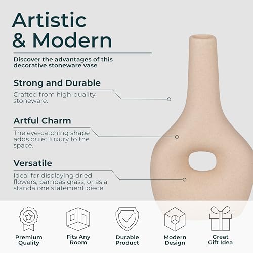 Ceramic Vase – Flower Holder for Stems and Greenery, Living Room, Bedroom, or Entryway Tabletop Decor, Modern Boho Hollow Design Home Decor Accent for Shelves and Consoles – 9", Ivory & Tan - color: Ivory, size: 9.0" H
