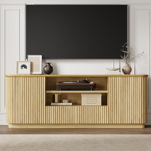 QUW 70" Fluted TV Stand for TVs Up to 80", Modern Entertainment Center with 2 Drawers & Cabinets, TV Console with Curved Profile Design, Luxury Wooden Media Console for Living Room, Natural Oak - color: Natural Oak