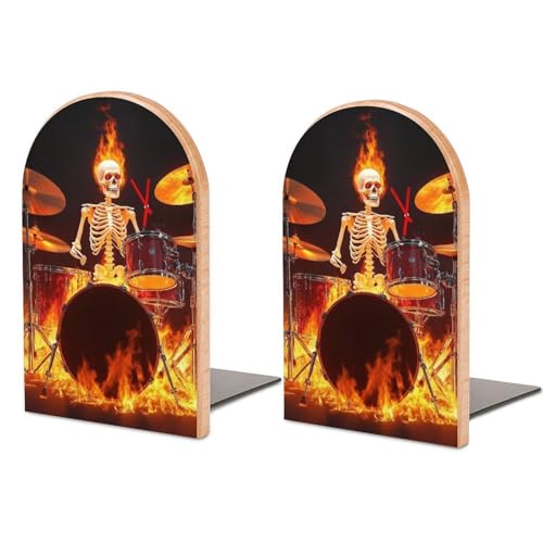 Sturdy Rock Drum Fire Flame Skull Skeleton Bookend Supports for Desktop, Book Ends Easy to Install, Book Stoppers for Heavy Duty Files, Magazines - color: Picture(454)