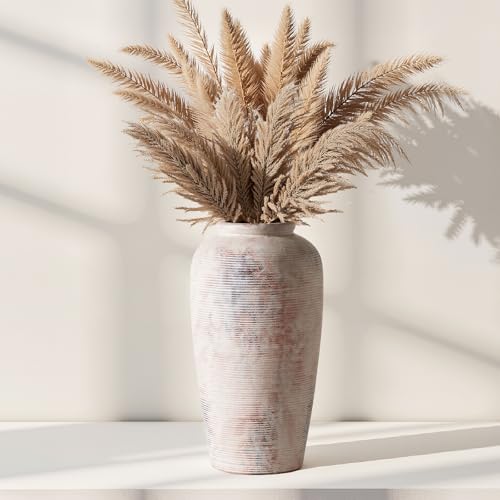 Rustic Distressed Ceramic Threaded Vase, 11" H Handmade Wabi Sabi Decor Vase (Antique Terracotta with Lime White & Distressed Black Patches) for Living Room Table Centerpieces, Entryway & Fireplace - size: 11 inch-B