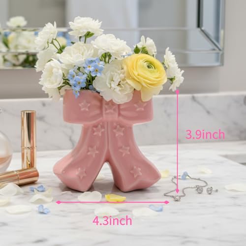 Pink Bow Vase, Hot Pink Flower Vase for Home Decor, Ceramic Vases for Boho Style, Small Cute Vases for Ideal Shelf Decor/Table/Living Room. (Pink 2, Large) - color: Pink 2