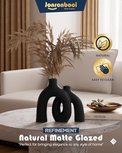 Matte Black Vase Set - Hug Hollow Donut Aesthetic Ceramic Vases Home Decor, Modern Nordic Minimalist Decorative Vase for Table Centerpiece Bookshelf Office Entryway Console Fireplace (Black) - color: Black