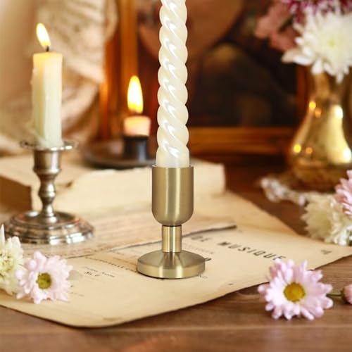 SHOHAYTO Vintage Gold Taper Candle Holders Set of 4, Gold Candle Stick Holders for Dining Table, Wedding Centerpiece, or Festive Mantel Decor - color: Brass