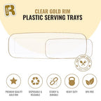 R-kay 4 Pack Clear Plastic Serving Trays - 10 by 5.5 in Heavy Duty Rectangular Platters for Party, Food, and Desserts - color: Clear And Gold, size: 10 Inch
