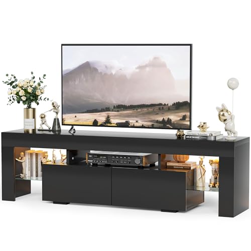 YESHOMY Modern Black LED TV Stand for Televisions up to 70 Inch with Glass Shelves and Drawer, Gaming Entertainment Center with Multiple Dynamic RGB Modes, for Livingroom, Bedroom, 60 Inch, Black - color: Black