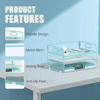 DALTACK 3 Tier Paper Organizer with Handle, Mesh Metal Desk Organizer with Sliding Paper Trays for Letter/A4 Paper, Mail, Bills & Folders, Blue - color: Blue