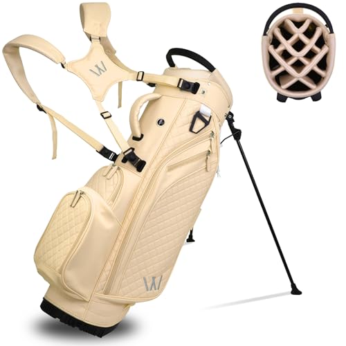 Luxury Womens Golf Bag, PU Leather Golf Stand Bag for Women/Ladies, 14-Way Full-Length Top Dividers, Ultra Lightweight, Large Pockets for Accessories - color: Sandstone