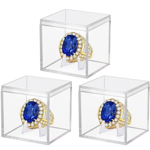 Championship Ring Display Case 3pcs Clear Acrylic Plastic Baseball Display Case Small Showcase with Mini Card Stand Holder Square Storage Box for Jewelry Sport Ring Candy Box - style: Ring