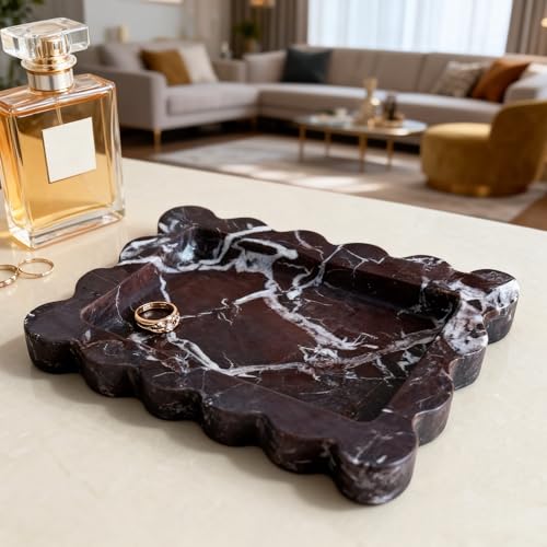 Natural Samll Marble Tray 6.3"x4.7",Rectangle Scalloped Tray for Women Home Décor (Rosa Levanto) - color: Rosa Levanto