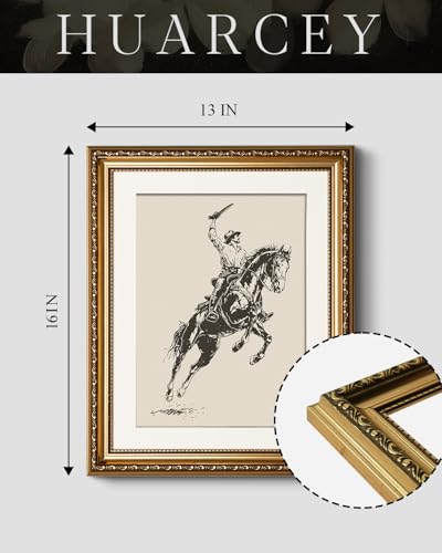 HUARCEY Vintage Western Wall Art Framed Canvas 13x16, Rustic Cowboy Riding Horse Illustration Line Art, Traditional Embossed Gold Frame Classic Western Ranch Living Room Office Study Home Decor - color: To the West, size: 16"L x 13"W