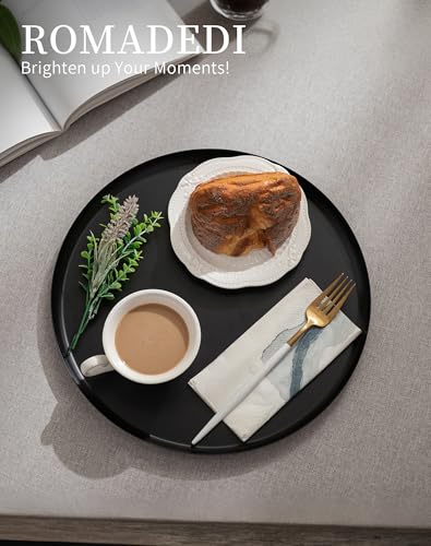 Romadedi Black Round Decorative Tray: Metal Candle Trays Decor for Coffee Table Centerpiece Large Modern Serving Tray for Kitchen Counter Farmhouse Home Decorations, 12.6 Inch