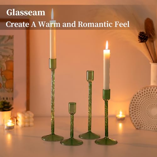 Glasseam Green Glass Candlestick Holder: Tall Candle Stick Holder Set of 4 Candlestick Holders for Taper Candles Modern Decorative Candle Holders for Table Centerpiece Wedding Christmas Home Decor - color: Green
