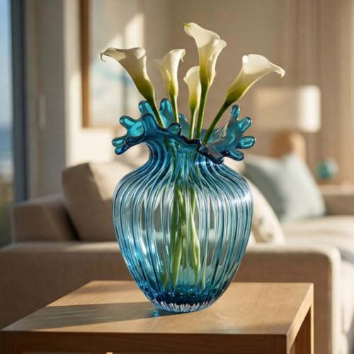 ZAVOOS Hand Blown Glass Vase, Modern Art Decorative Blue Vase for Flower Plants, Unique Bubble Waves Mouth Vase for Home Decor, Living Room Centerpieces, Table Bouquet, Wedding Decoration