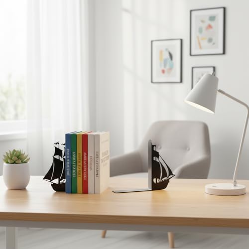 Sailing Metal Bookends, Black Decorative Book Ends for Shelves, Nonskid Book Holder Stand, Home Office Decor, Set of 2 - color: Sailing