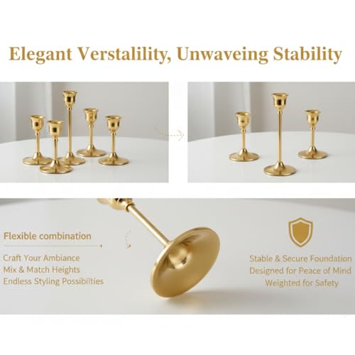 3 Pcs Bell-Shape Gold Candlestick Holders - 7" & 4.7" Tall Taper Candle Holders for Elegant Table Centerpiece and Home Decor