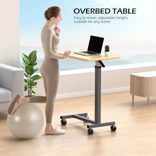 WOTURE Adjustable Overbed Table with Wheels, Pneumatic Height Adjustment, Ideal for Hospital Use or At Home as Bed Tray, Standing Desk, Bedridden & Mobility Needs, Maple - color: Maple