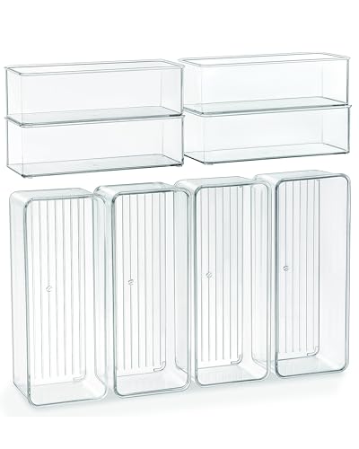 Qilinba 8 PACK Drawer Organizer Bins Bathroom Deep Drawer Organizer Tray for Cutlery Vanity Make-up, Clear Stackable Storage Bins for Kitchen Cabinet Closet Counter Organization and Storage