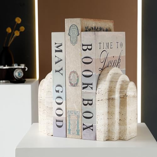 BUICCE Modern Book Ends for Shelves Nature Marble Decorative Bookends Heavy Duty Bookshelf Holder for Office Desk Decoration (Beige)