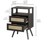 JOONEE Rattan Nightstand,Farmhouse Bedside Table with 2 Storage Drawer and Open Wood Shelf, for Bedroom and Small Spaces,Night Stand with Solid Wood Legs (Black) - color: Black
