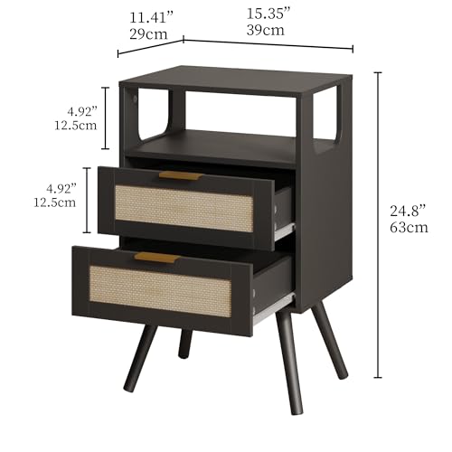 JOONEE Rattan Nightstand,Farmhouse Bedside Table with 2 Storage Drawer and Open Wood Shelf, for Bedroom and Small Spaces,Night Stand with Solid Wood Legs (Black) - color: Black