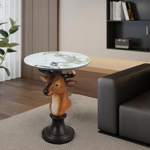 Deer Head Side Table - End Table with Faux Marble Top Unique Deer Statue Decor for Living Room Bedroom Entryway Elegant Animal Sculpture Modern Classical Decoration - color: Brown Deer Base