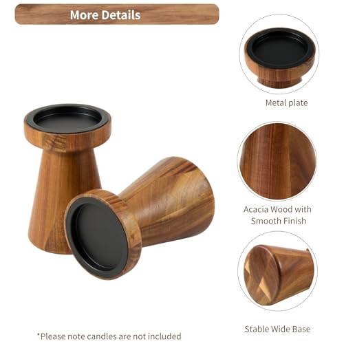 Acacia Wood Candle Holders for Pillar Candles, Set of 2 Vintage Rustic Tall Modern Farmhouse Decor, Decorative Wooden Candlestick Stand for Fireplace Mantel, Table Centerpiece - color: Acacia Wood