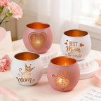 Mother's Day Glass Candle Holders Set of 4, Best Mom Ever Tealight Holders with Super Mom & Heart Designs, Decorative Votive Candle Holders for Women's Birthday, Grandma Gift & Mother's Day Decor