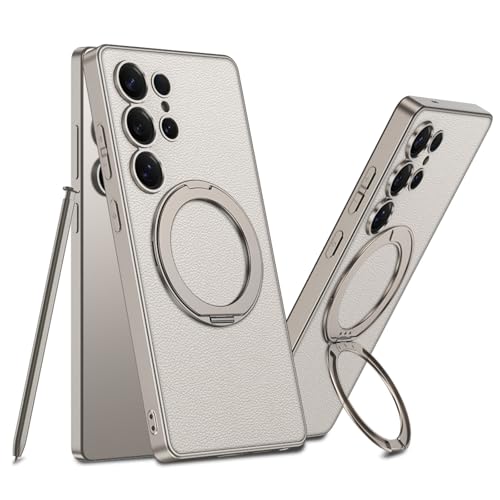 Leather Case for Samsung Galaxy S25 Ultra with Kickstand Magnetic Ring, Compatible with Wireless Charging, Invisible Stand Luxury Slim Protective Shockproof Cover for Samsung S25 Ultra (Beige) - color: Beige