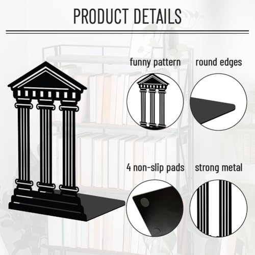 WADORN 1 Pair Roman Temples Metal Decorative Bookend for Shelves, Heavy Duty Book Ends Modern Non-Skid Books Holder Stand Black Book Support Stoppers for Desk Bookshelf Office Home, 5.3x4.3x7.8 Inch - color: Roman Temples