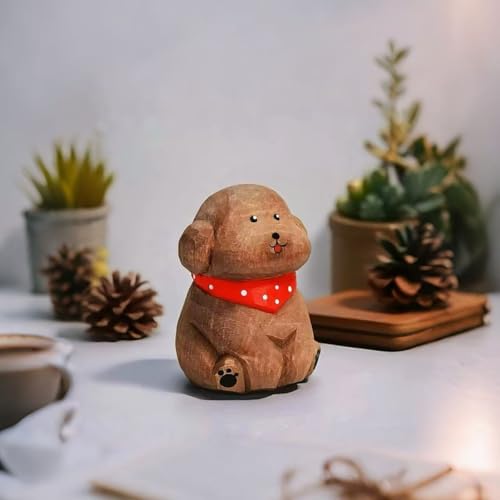 Hand-Carved Wooden Teddy Dog Figurine, 2.7" Brown Puppy Statue with Base for Car Dashboard, Desk & Home Decor, Gift for Dog Lovers - color: Brown Teddy