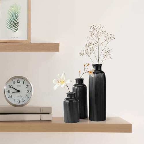 Small Black Ceramic Vase Set of 3, Boho Modern Black Flower Vase Room Decor, Farmhouse Decor, Vases for Your Kitchen, Bathroom, Bedroom, Living Room, Office&Shelf Centerpiece Table Decorations - color: Black