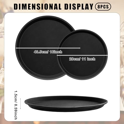 Zopeal 8 Pieces Black Round Restaurant Serving Tray, Plastic Non Slip Surface Food Meals Server Tray with Raised Edges for Home, Kitchen, Restaurant, Cafeteria, Bar (11",16") - size: 11", 16"