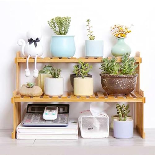GURECOD 10.8" 2 Tiers Bamboo Plant Stand Shelf,Desk Flower Pot Holder,Adjustable Desktop Shelf Display Organizer Ladder Rack for Office Decorate Desk Shelving Storage Rack,Kitchen Rack (10.8" Length) - size: 10.8" Length