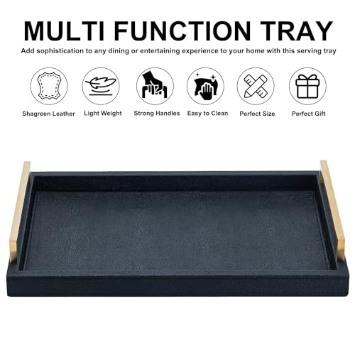 XIGEXIGE Black Faux Leather Serving Tray, 17x12 inches, Brushed Gold Handles, Decorative Tray for Ottoman Coffee Table, Living Room, Kitchen, Bathroom - color: Black, size: 17" x 12" x 2.5"