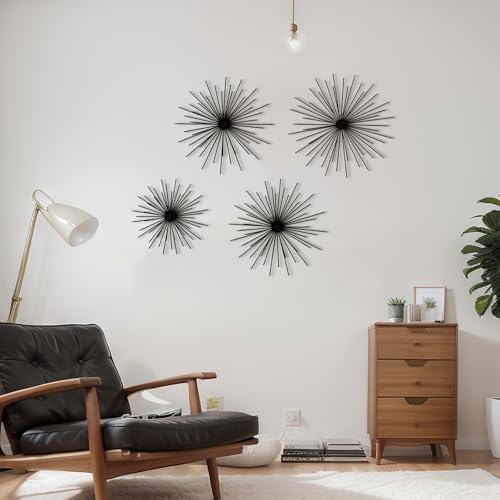 Shimeyao 4 Pcs Metal Starburst Wall Decor Black Metal Wall Art 3D Spike Bling Finish Star Burst Hangings Accents Sculptures Set Modern Mid Century Decorations for Living Room Bedroom Entryway - color: Black, style: Spike
