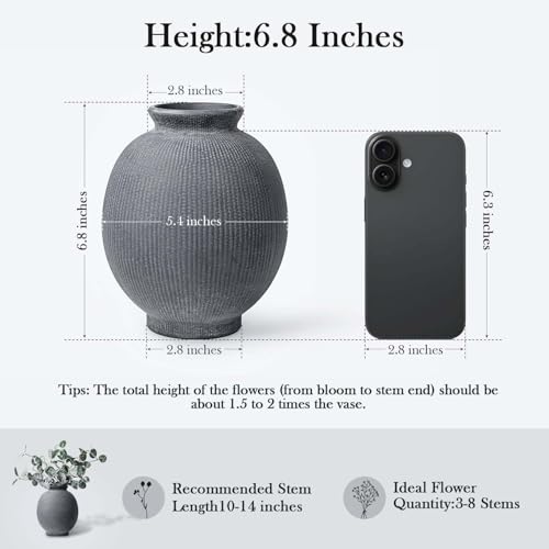Ceramic Decorative Flower Vase - Rustic Farmhouse Boho Ceramic Vase for Home Decor, Table Centerpiece, Living Room, Bathroom, Book Shelf, Mantel Decoration, Wedding Decor (6.8" Black) - color: Modern Black-6.8"