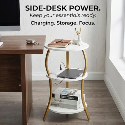 Small Round Side Table with Charging Station, 3-Tier Waist Circular End Table with Storage Shelf, Compact Tea Sofa Side Table Small Spaces, Round Corner Coffee Table for Living Room Bedroon,White+Gold - color: White+gold, style: USB Charger