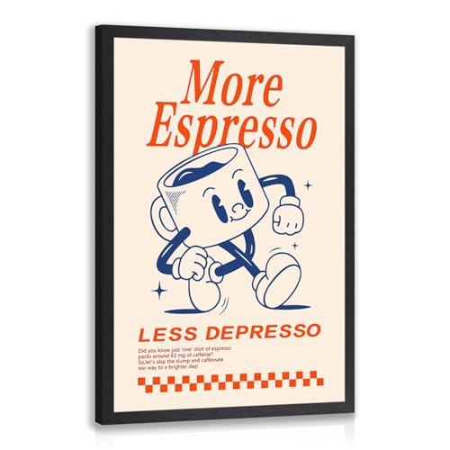 GELDSTEI Wood Framed Cute Coffee Wall Art, More Espresso Less Depresso Wall Decor, Funny Coffee Bar Aesthetic Picture, Vintage Cafe Bar Poster Print, Retro Cafe Cup Canvas Painting for Kitchen 16x24 Inch - color: Cartoon(Wood), size: 24"L x 16"W